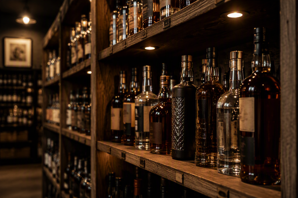 The SPIRITHAUS shelves, seen down the length of the room